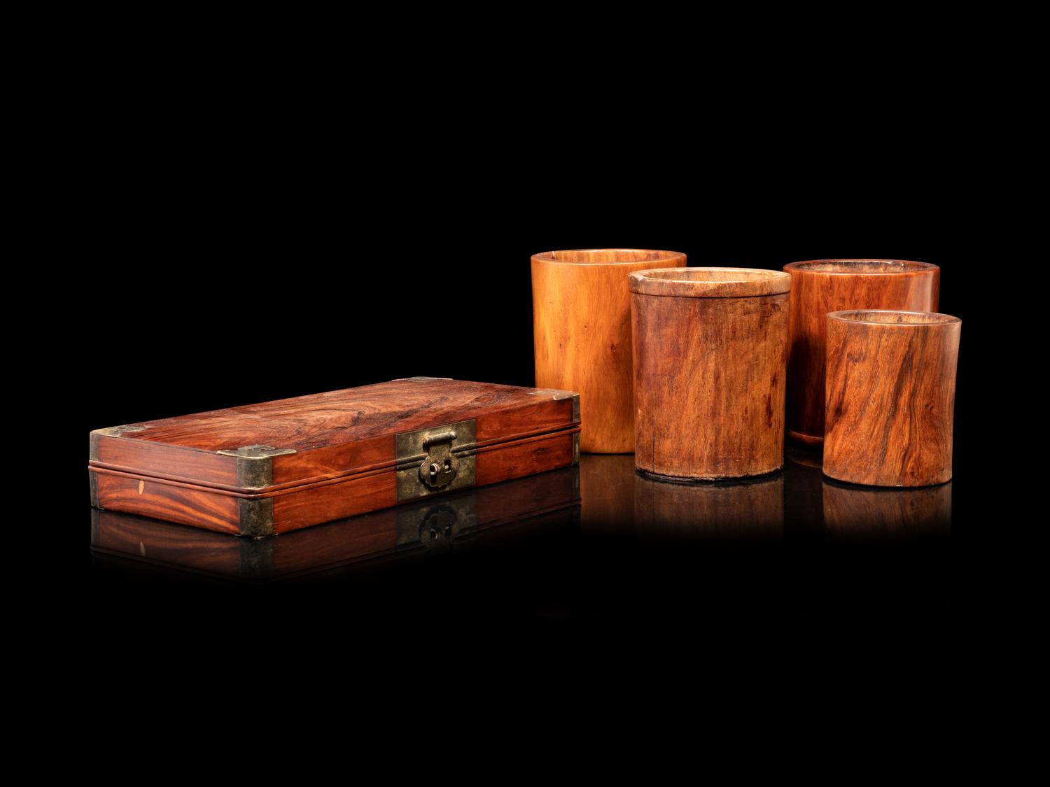 Four Hardwood Brushpots and a Document Box