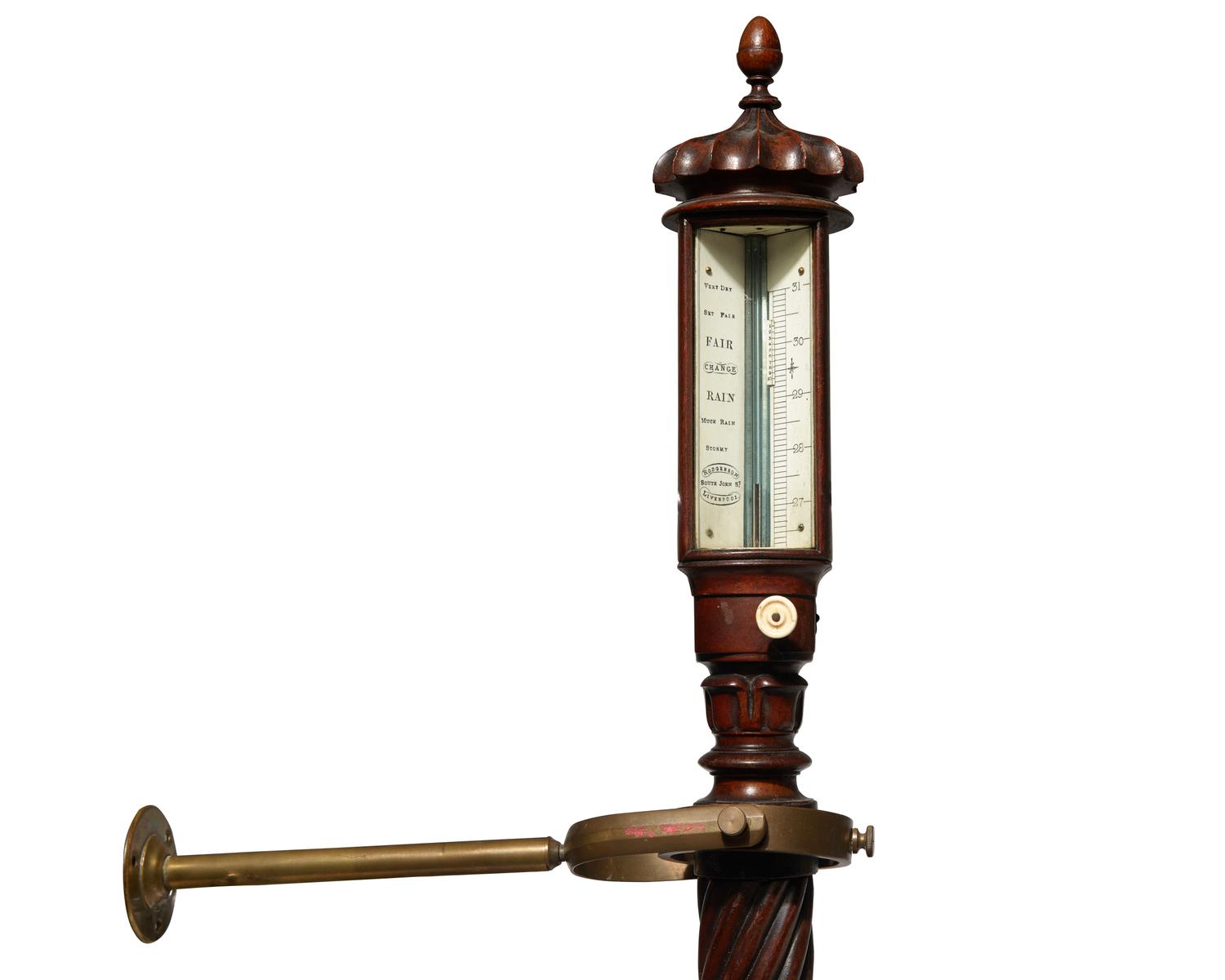 A Fine English Brass Mounted Spiral-Twist Carved Mahogany Gimballed Barometer