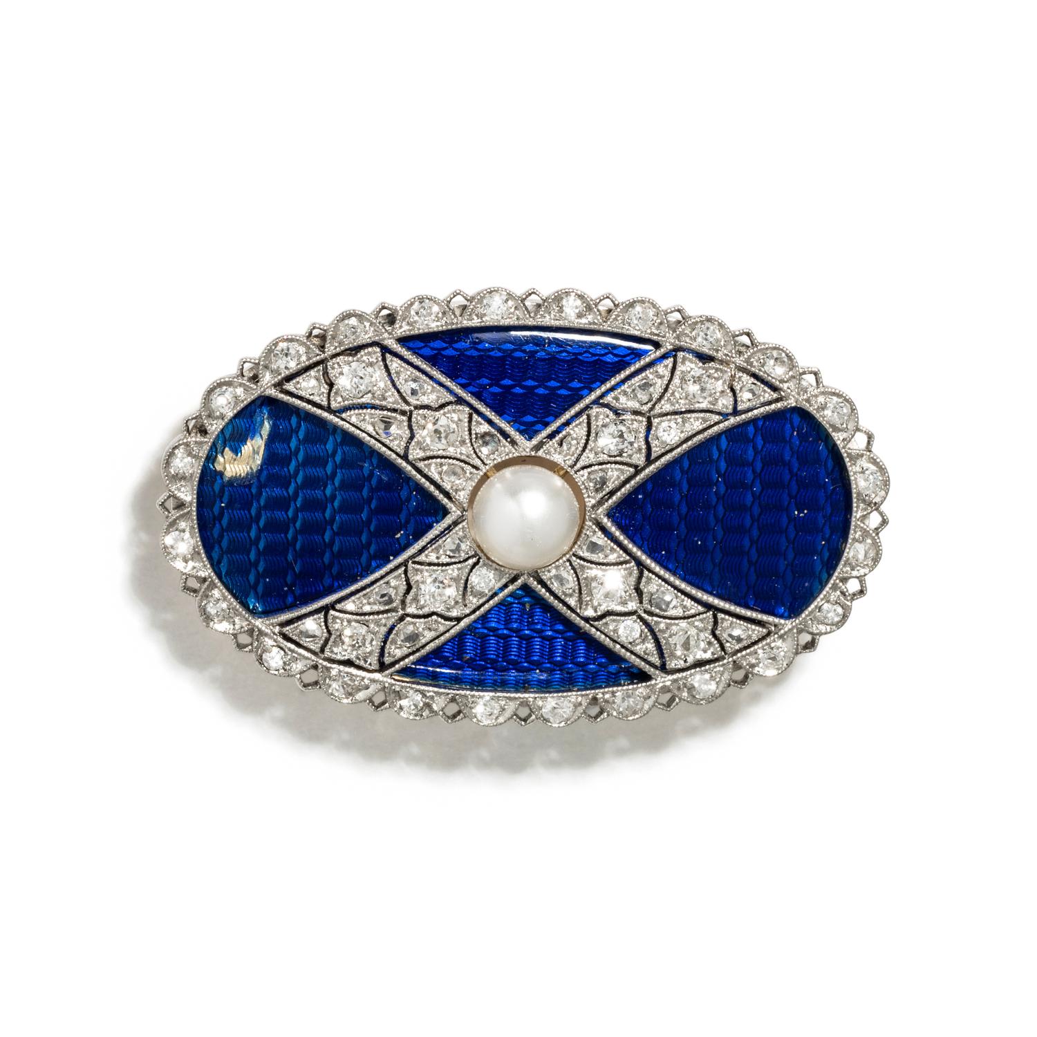 EDWARDIAN, GUILLOCHE ENAMEL, PEARL AND DIAMOND BROOCH