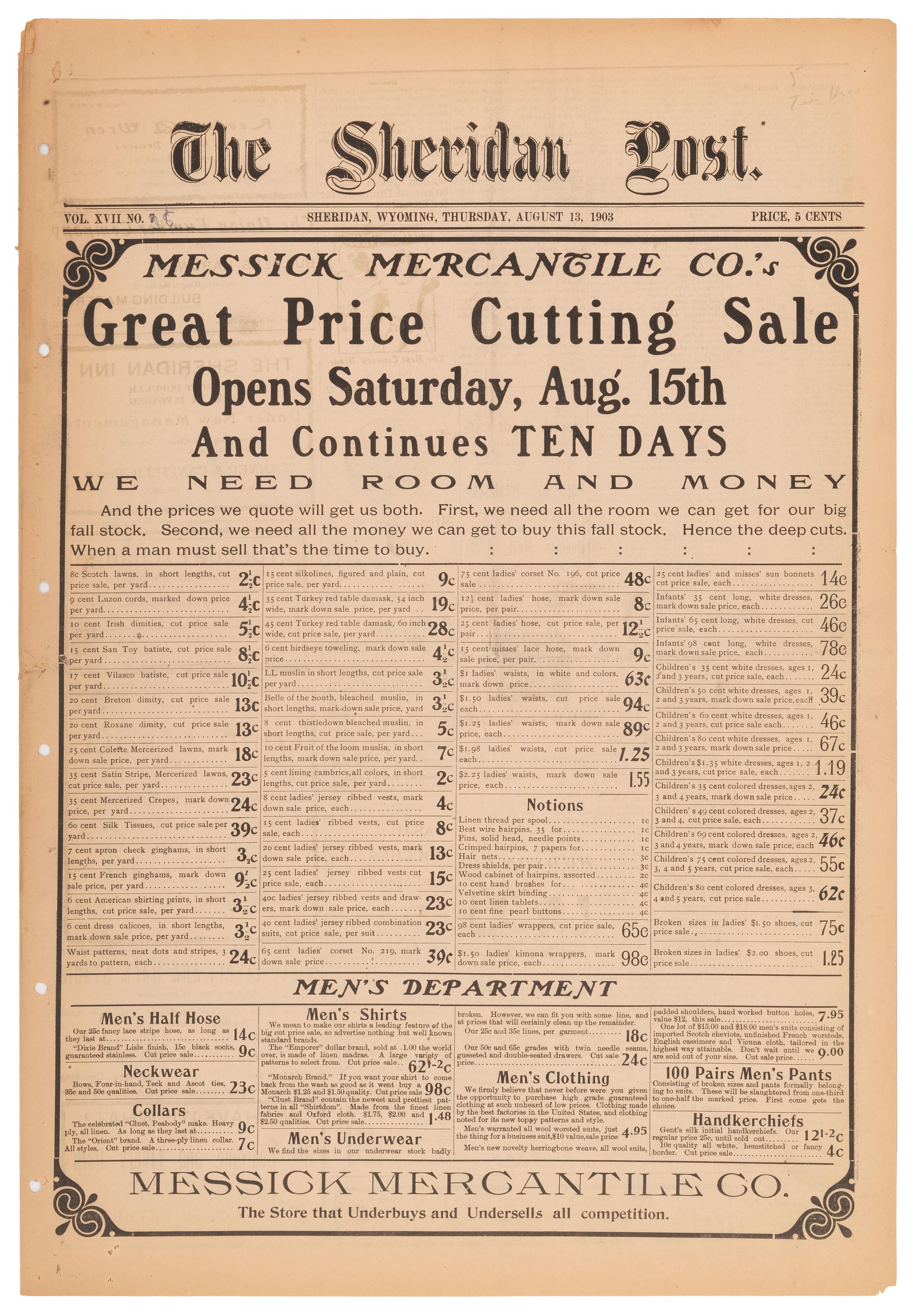 [OUTLAWS & LAWMEN]. Sheridan Post . Vol. XVII, No. 8. Sheridan, WY: Mills, 13 August 1903. With report of hired gunman Tom Horn's prison escape.