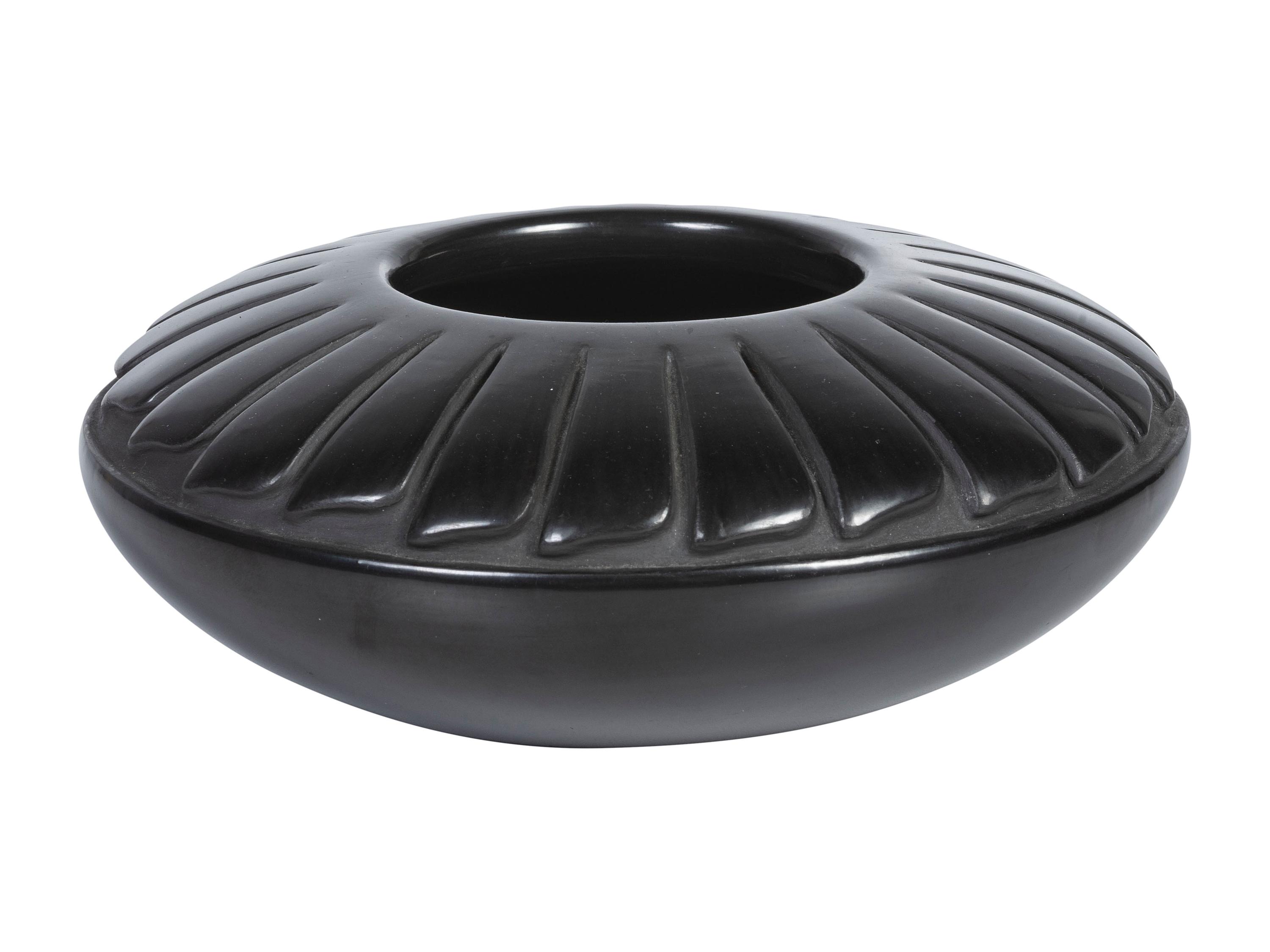 Blackware Pottery Jar, with Repeating Feather Pattern