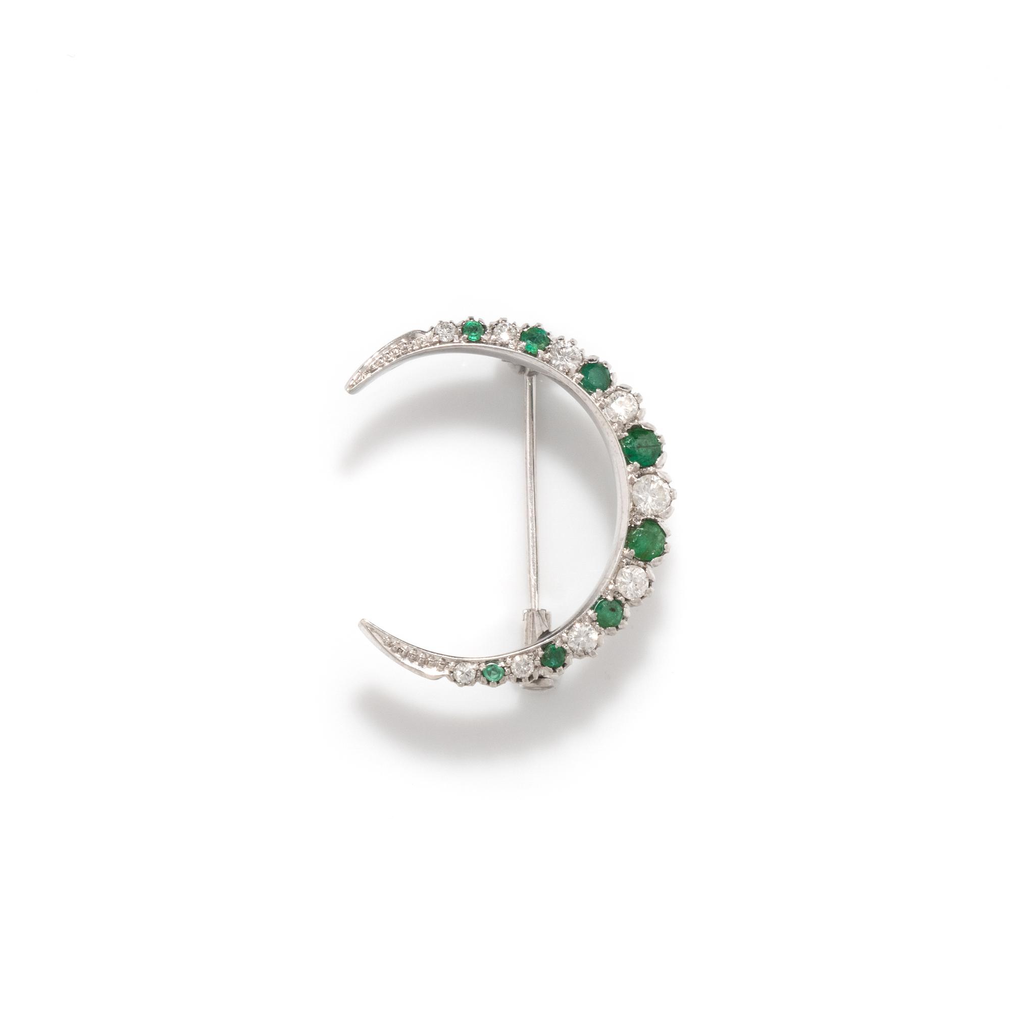 DIAMOND AND EMERALD CRESCENT BROOCH