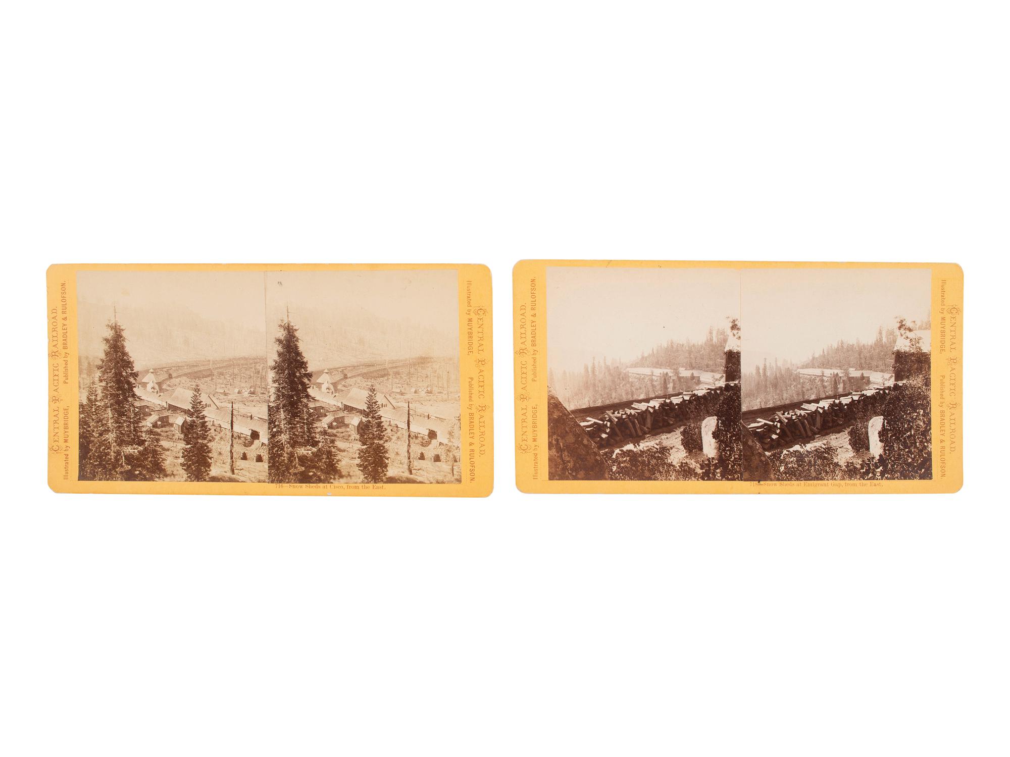 [WESTERN AMERICANA]. MUYBRIDGE, Eadweard (1830-1904), photographer. A group of 2 stereoviews of snow sheds near the Central Pacific Railroad. San Francisco, CA: Bradley & Rulofson.