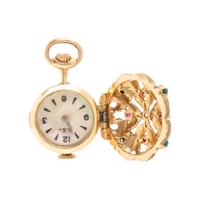 Yellow Gold and Multigem Pocket Watch and Flower Earrings