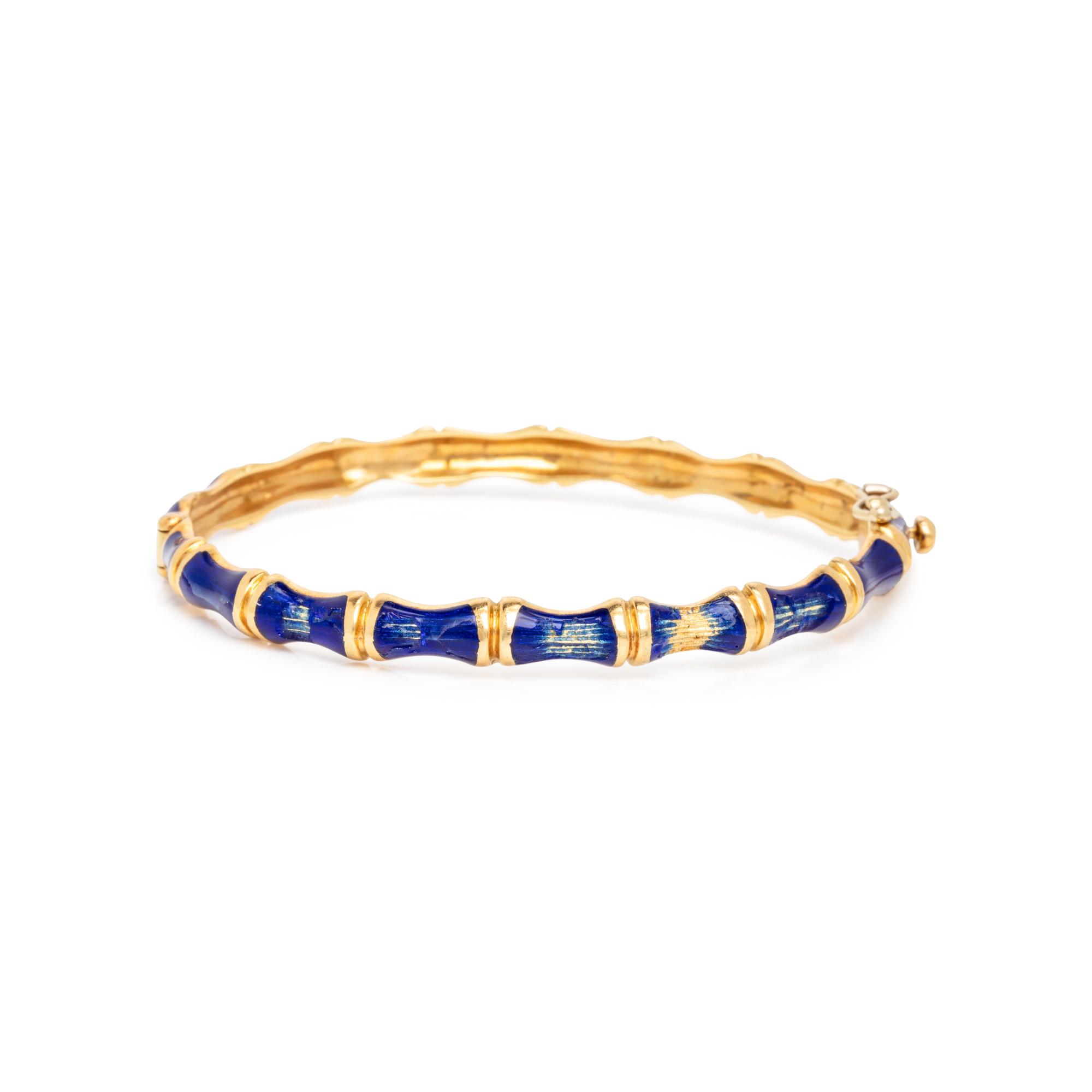 TIFFANY & CO., TWO ENAMEL AND YELLOW GOLD BAMBOO BANGLE BRACELETS