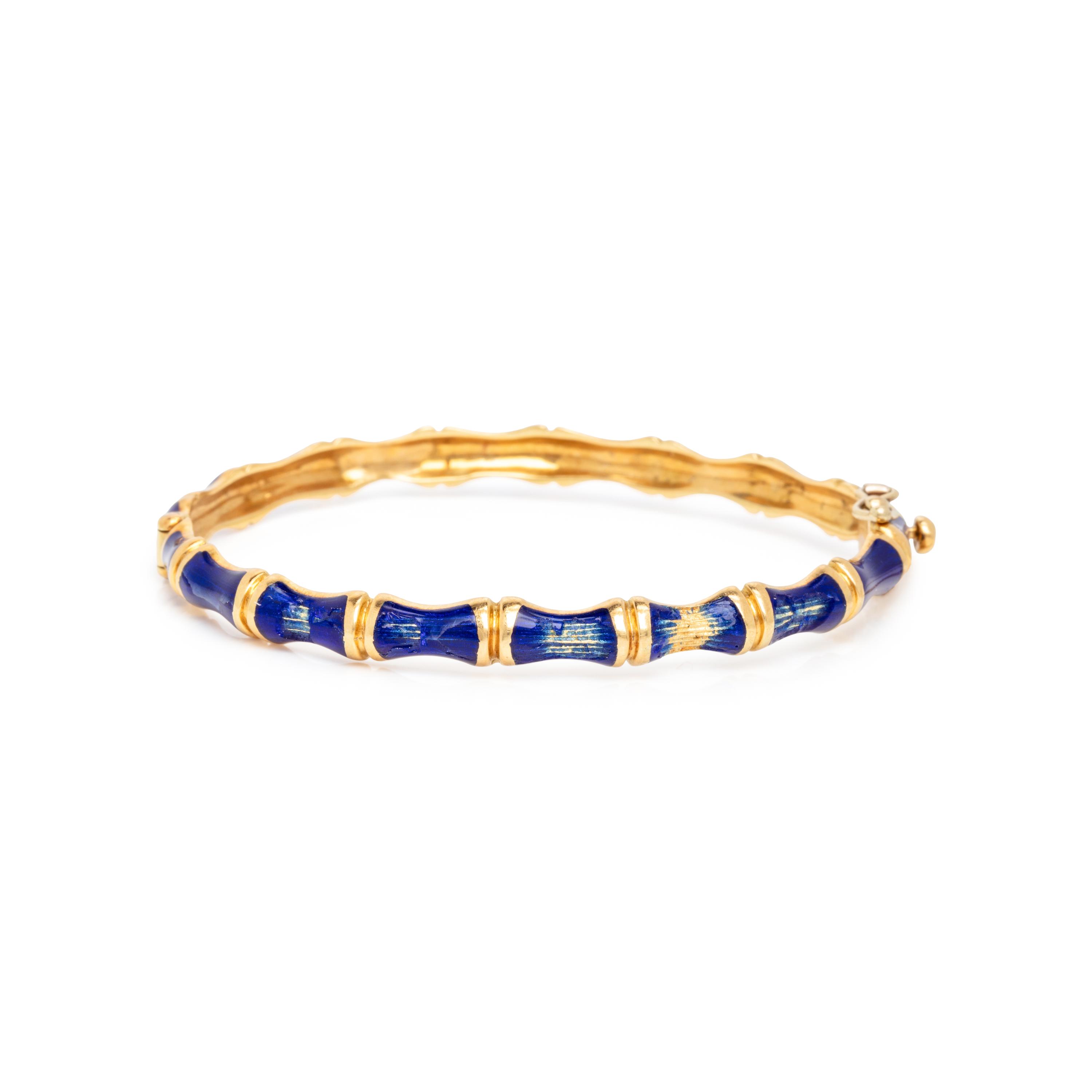 TIFFANY & CO., TWO ENAMEL AND YELLOW GOLD BAMBOO BANGLE BRACELETS