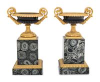 A Pair of Restauration Gilt and Patinated Bronze and Granite Urns