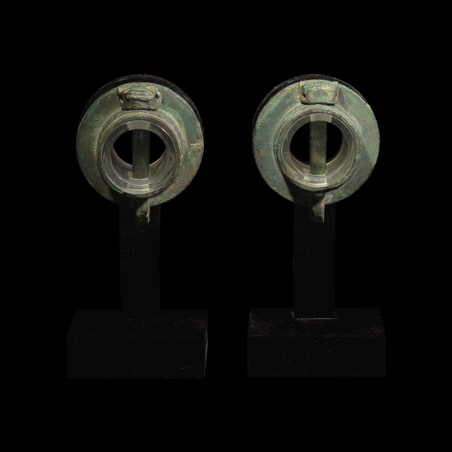 A Pair of Chinese Bronze Chariot Fittings, Warring States Period/Han Dynasty 戰國-漢 青銅獸面紋車 軎