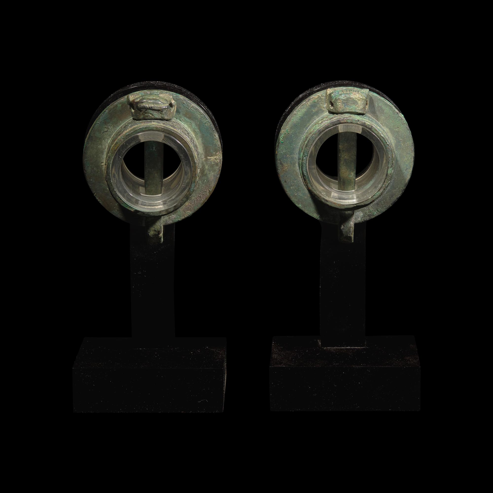 A Pair of Chinese Bronze Chariot Fittings, Warring States Period/Han Dynasty 戰國-漢 青銅獸面紋車 軎