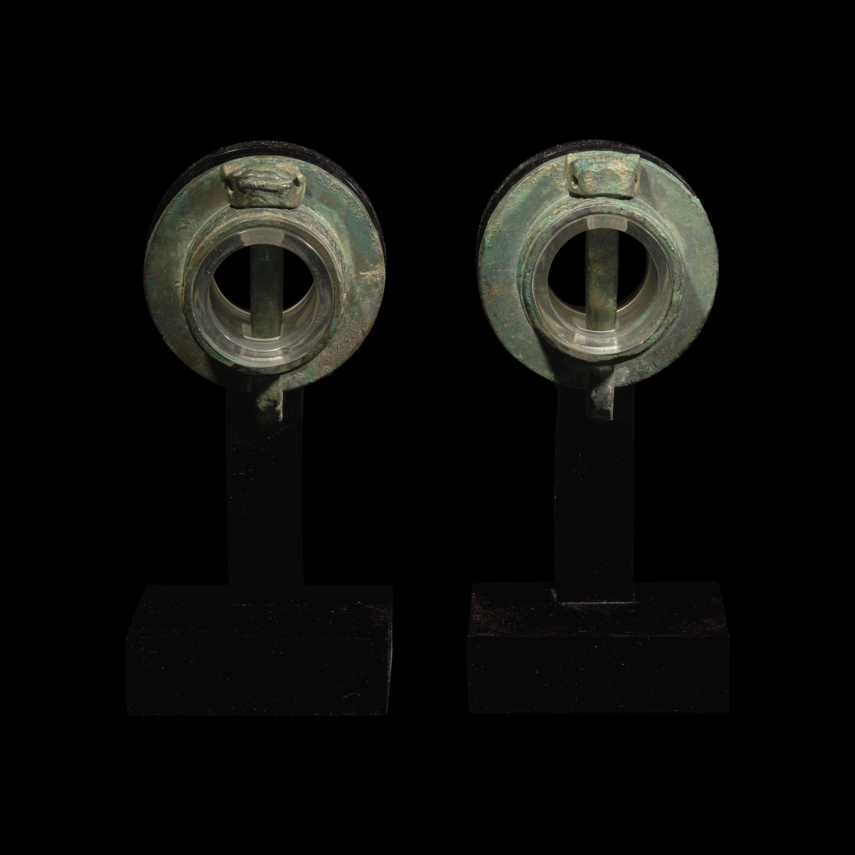 A Pair of Chinese Bronze Chariot Fittings, Warring States Period/Han Dynasty 戰國-漢 青銅獸面紋車 軎