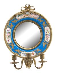 A Gilt Metal Mounted Porcelain and Mirrored Three-Light Wall Sconce Height 14 inches. — 19TH CENTURY