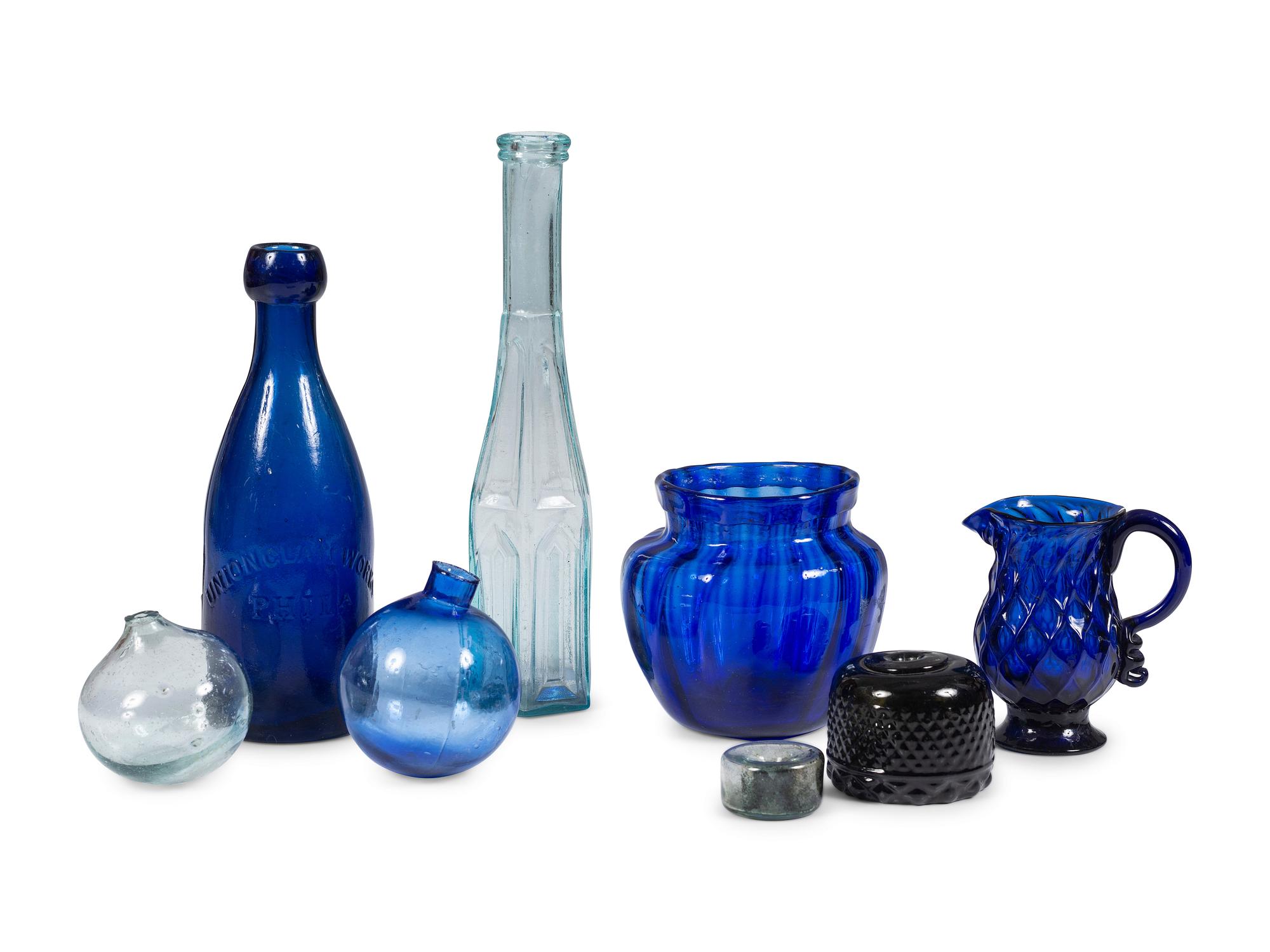 Eight Early American Blown and Pattern Molded Glass Vessels