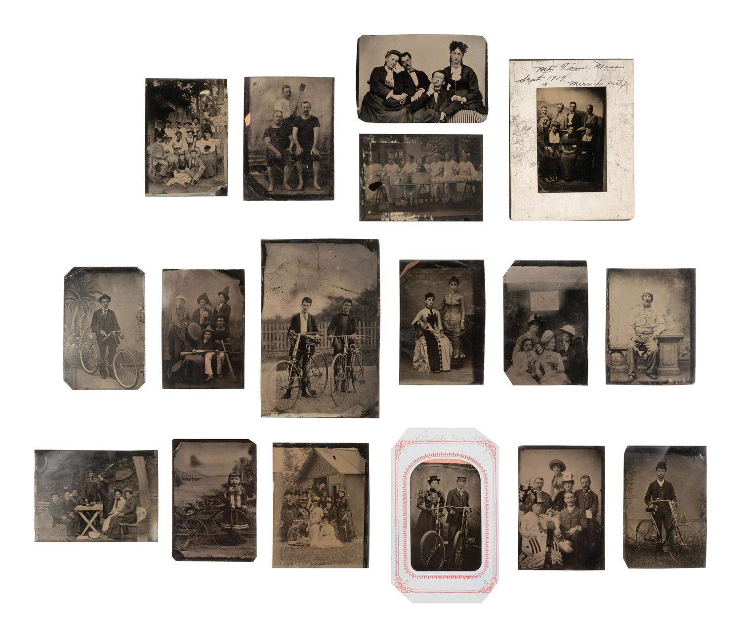 [EARLY PHOTOGRAPHY]. Large collection of assorted tintypes incl. large group portraits, bicyclists, & Edison Institute images.