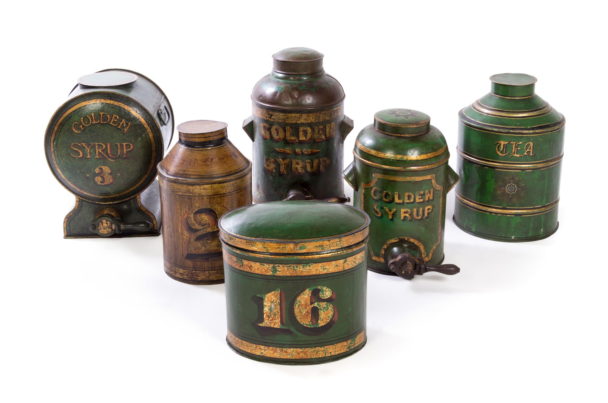 A Collection of Six Tole Bins Height of tallest 16 1/2 inches. — 19TH AND 20TH CENTURY