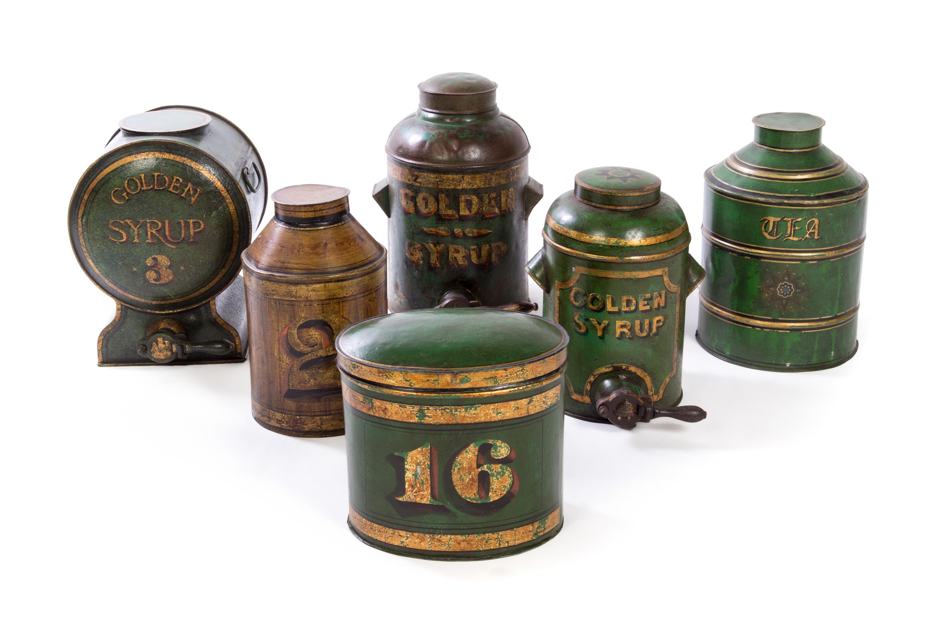 A Collection of Six Tole Bins Height of tallest 16 1/2 inches. — 19TH AND 20TH CENTURY