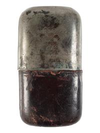 [CIVIL WAR]. Pewter, leather, and glass whiskey flask with engraved identification.