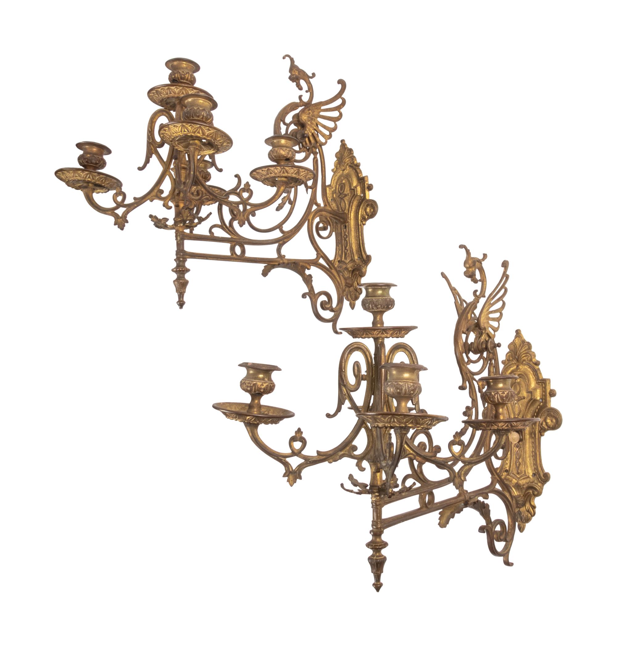 A Pair of Neoclassical Gilt Bronze Three-Light Sconces