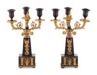 A Pair of Empire Style Gilt and Patinated Bronze Three-Light Candelabra