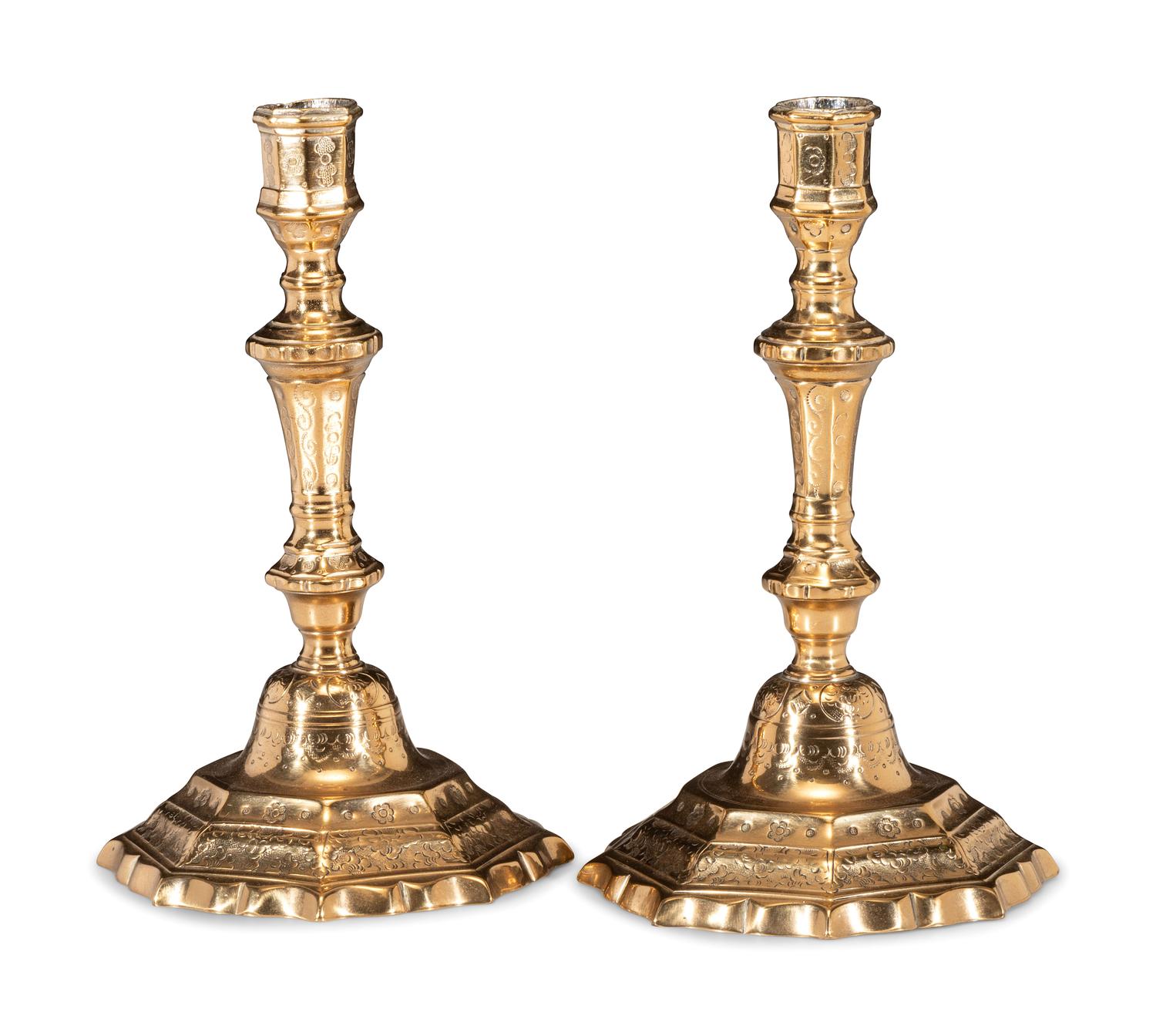 A Pair of French Engraved Brass Candlesticks