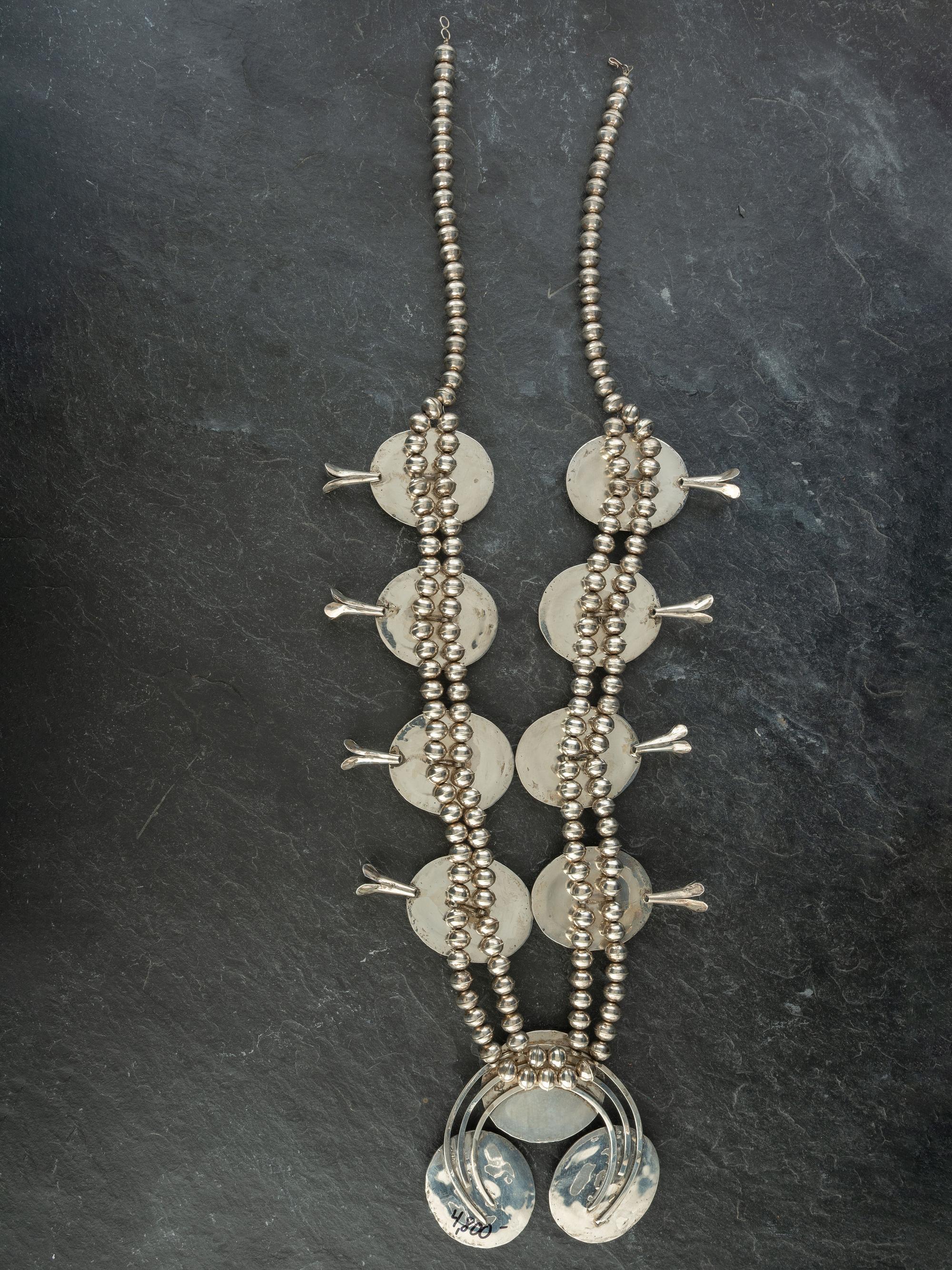 Large Navajo Shadowbox Silver and Turquoise Squash Blossom Necklace