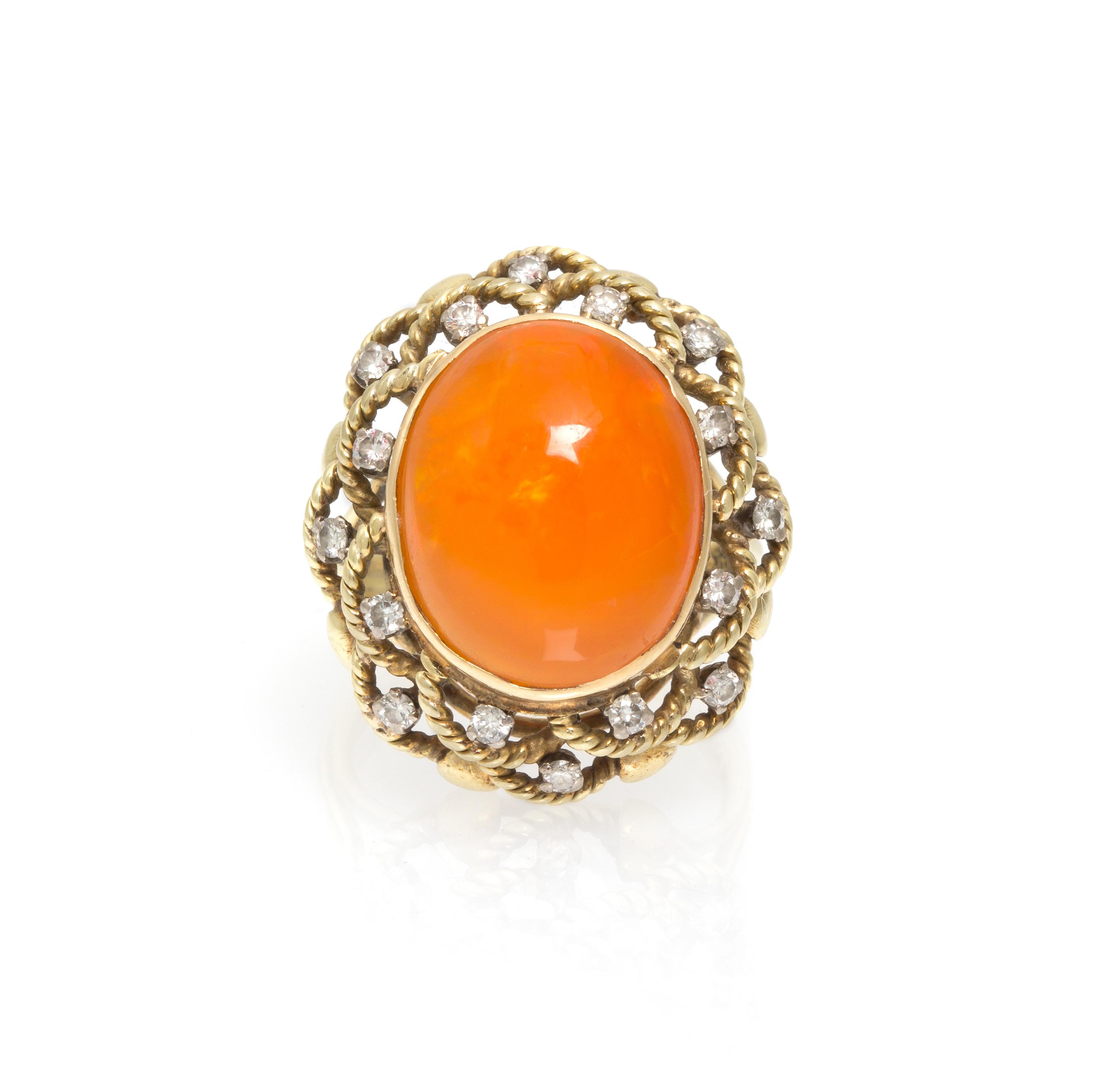 A 14 Karat Yellow Gold, Fire Opal and Diamond Ring, 7.60 dwts.