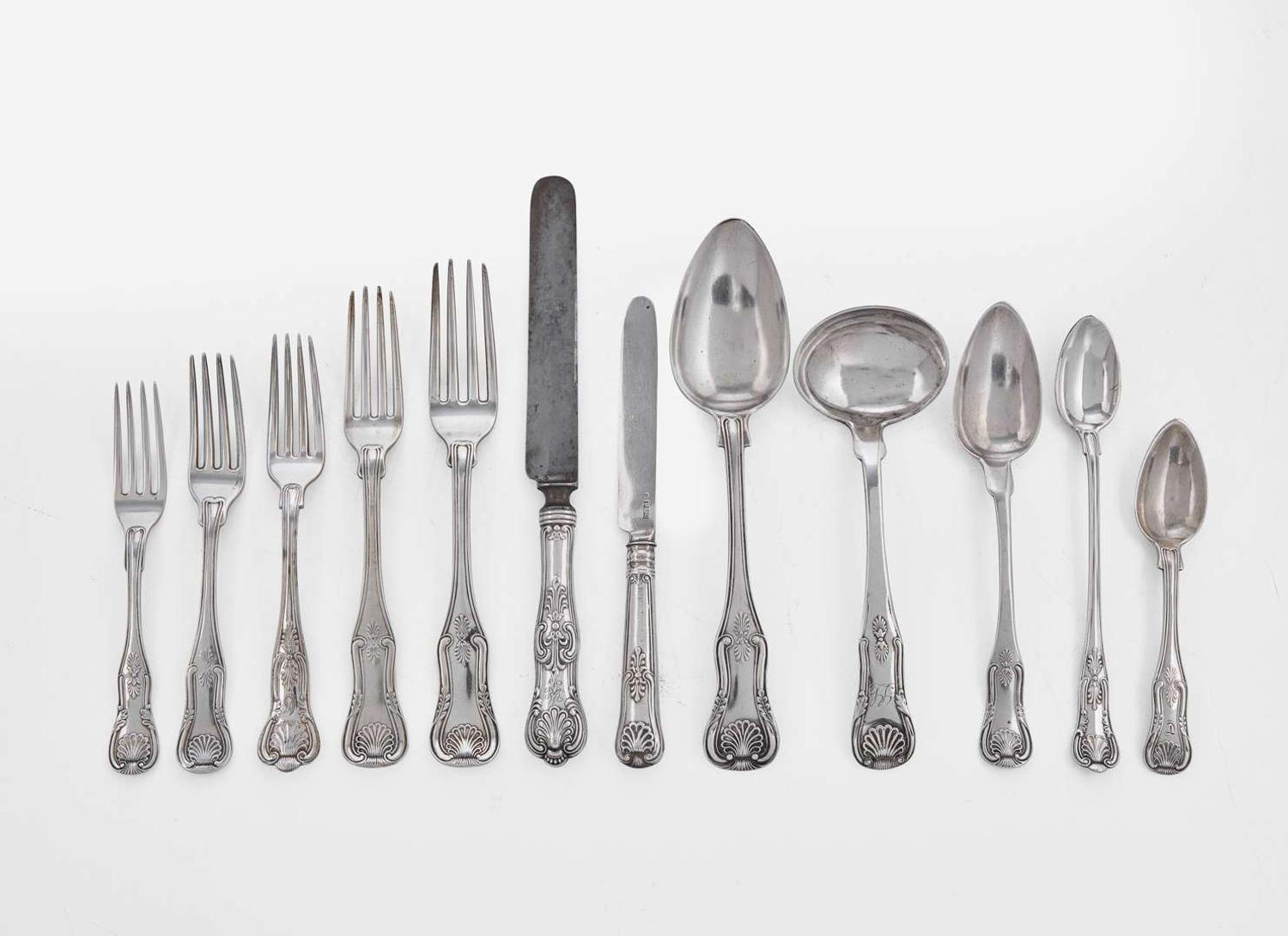 An assembled collection of coin and sterling silver flatware in the "King" pattern, various American makers, primarily first half 19th century