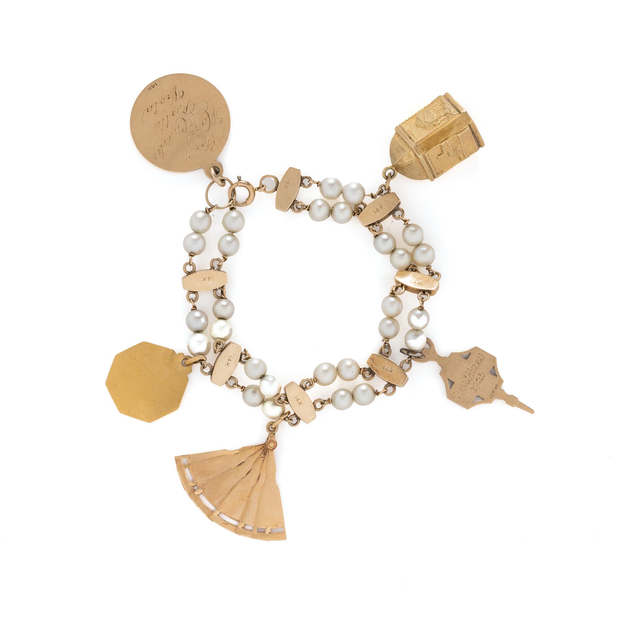 CULTURED PEARL AND YELLOW GOLD CHARM BRACELET