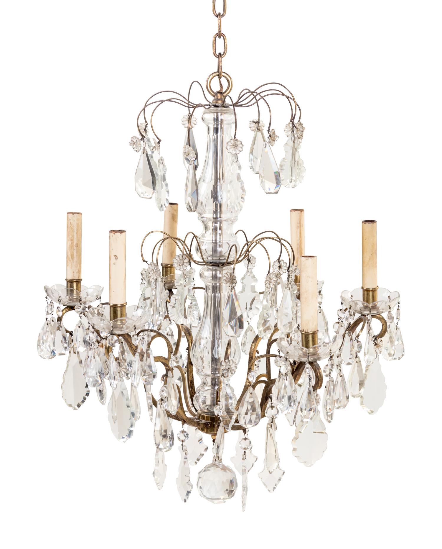 A Brass and Cut Glass Six-Light Chandelier