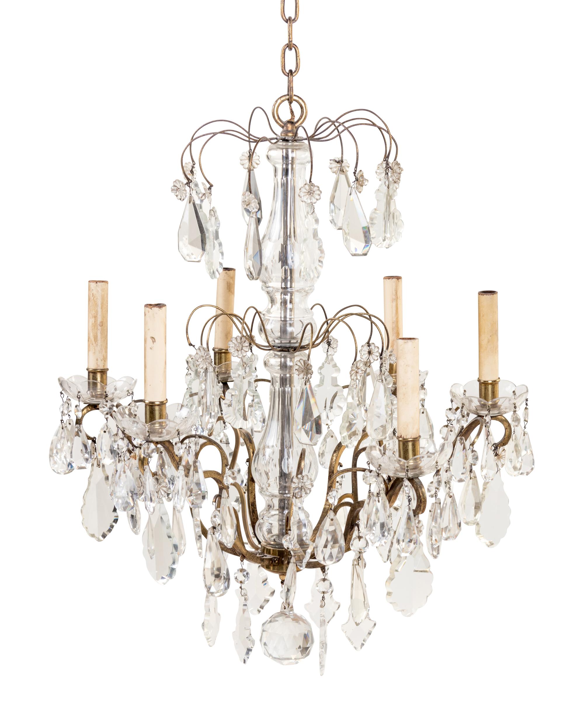 A Brass and Cut Glass Six-Light Chandelier