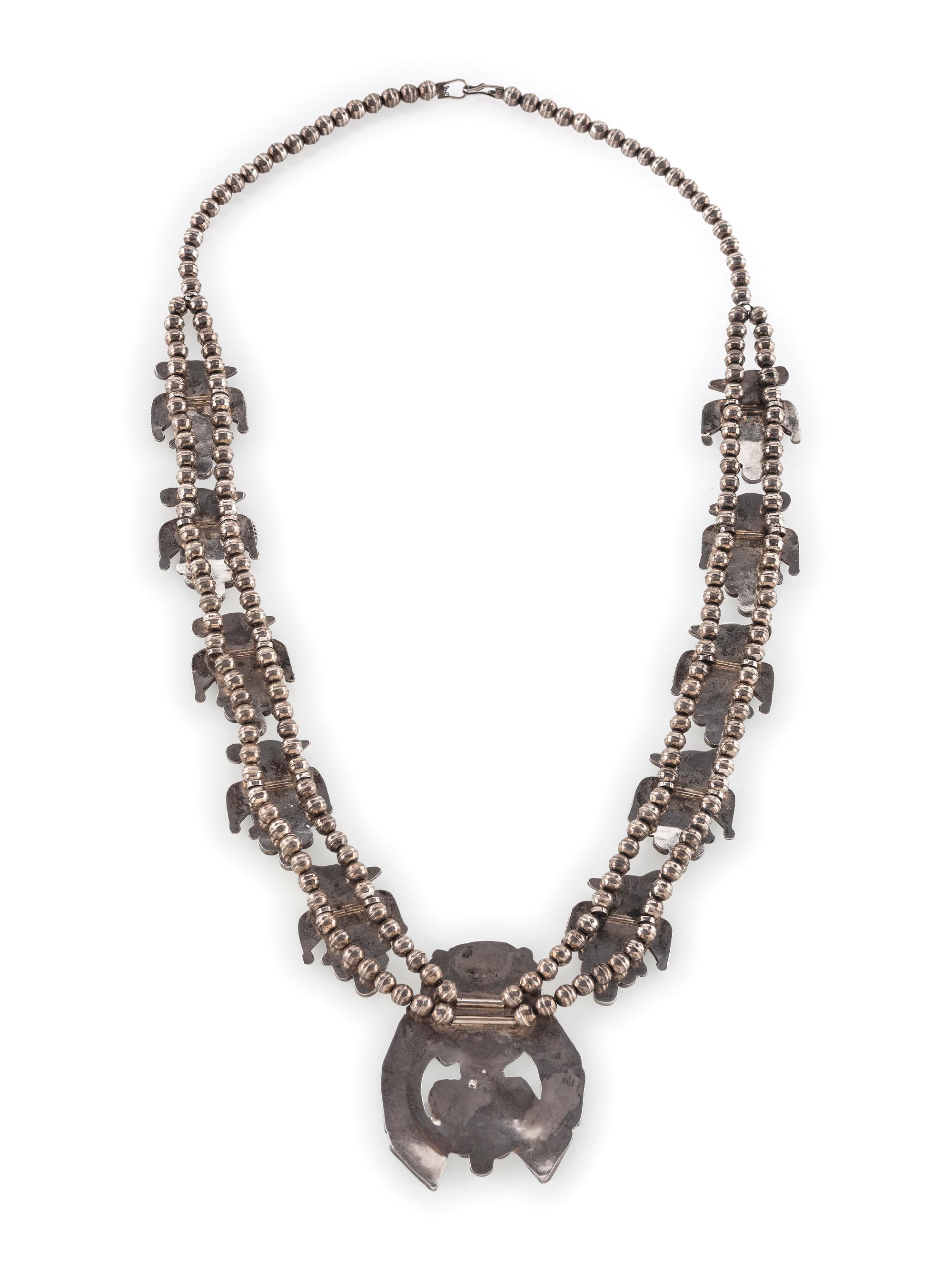 Zuni Silver and Channel Inlay Squash Blossom Necklace
