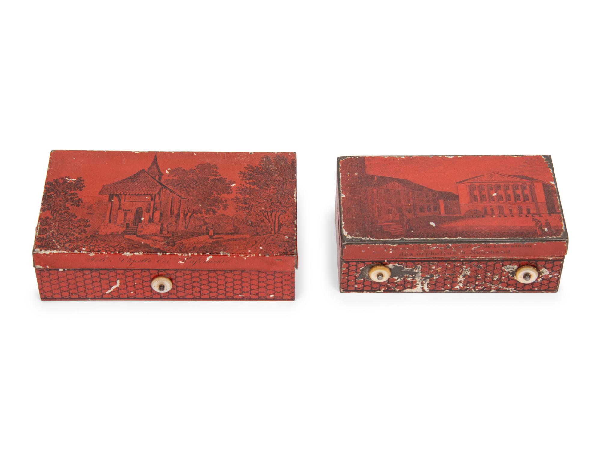 Two Music Boxes in Tin Transfer Cases