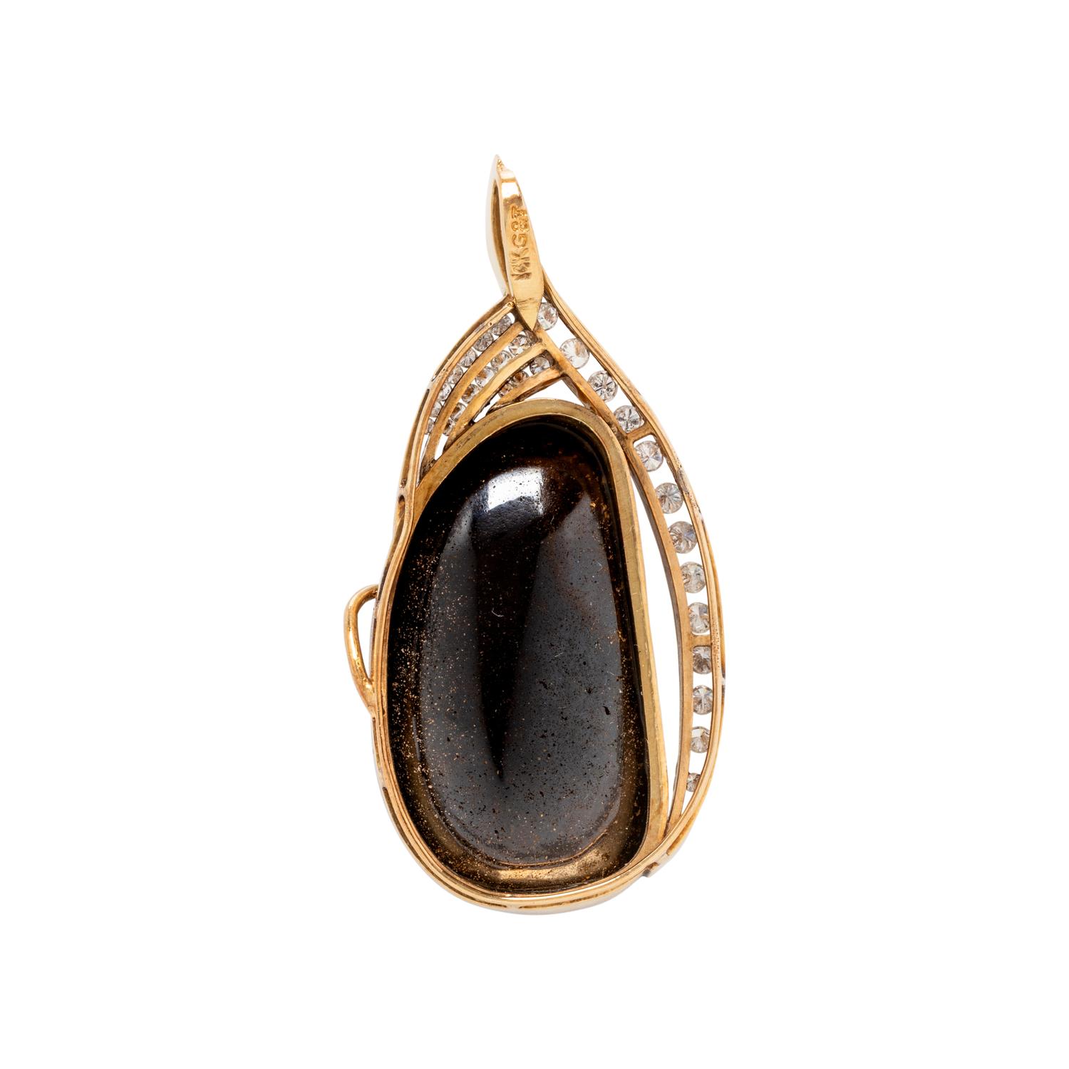 YELLOW GOLD, BLACK BOULDER OPAL AND DIAMOND PENDANT
