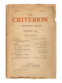 ELIOT, T.S., editor. The Criterion . London: R. Cobden Sanderson, Faber & Gwyer et al. October 1922-January 1939.