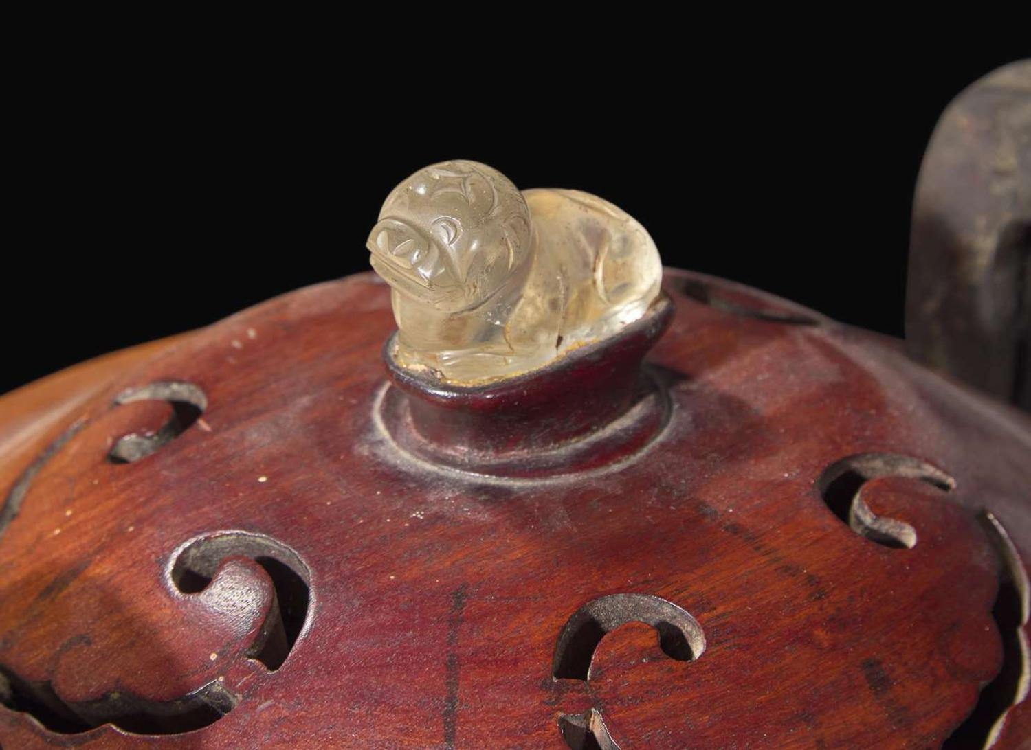 A large Chinese patinated bronze archaistic tripod censer, Ding, and wood cover, The Bronze 17th/18th Century or Earlier 清 青銅鼎式爐