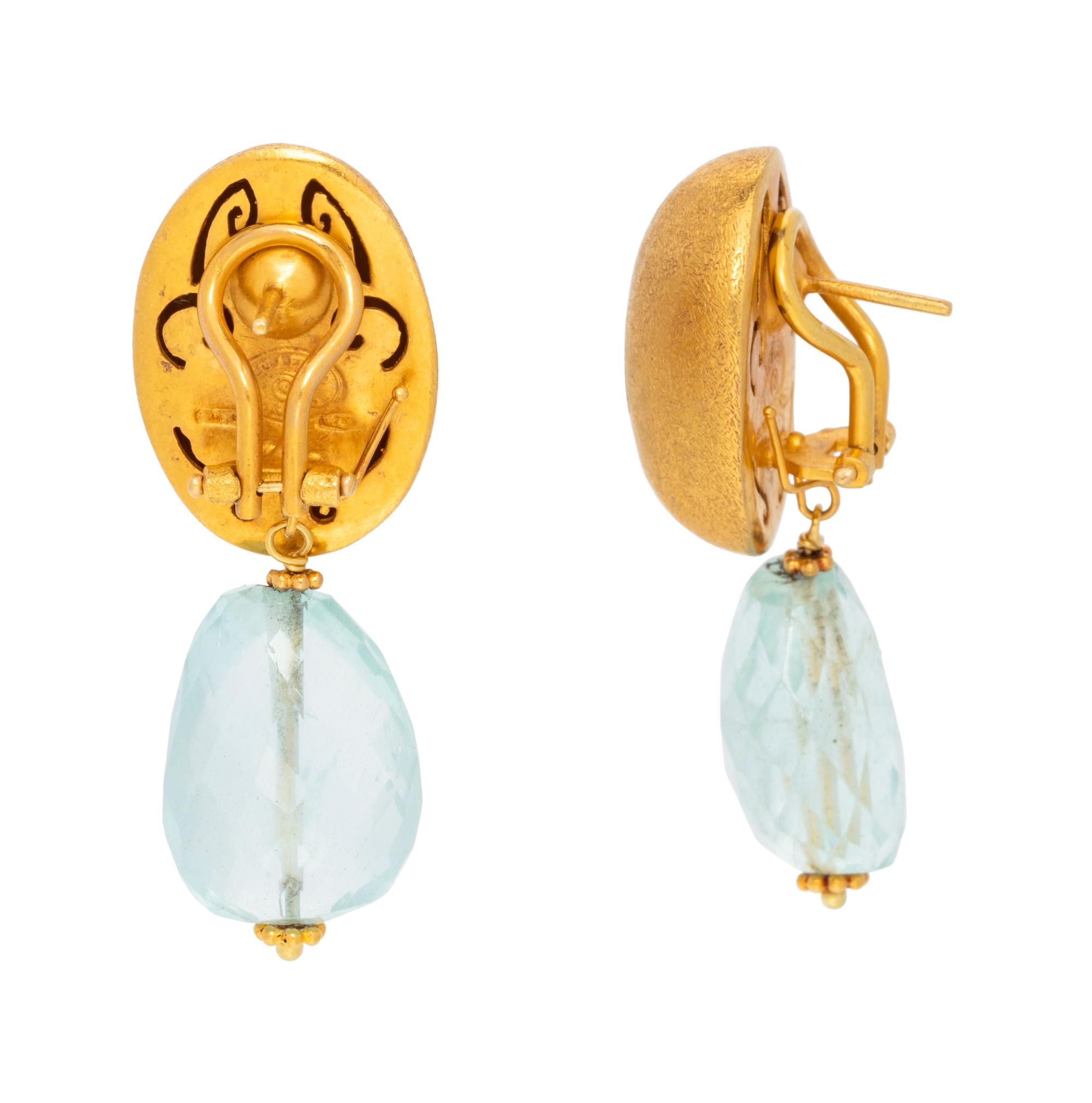 PAOLA FERRO, YELLOW GOLD AND AQUAMARINE CONVERTIBLE EARCLIPS