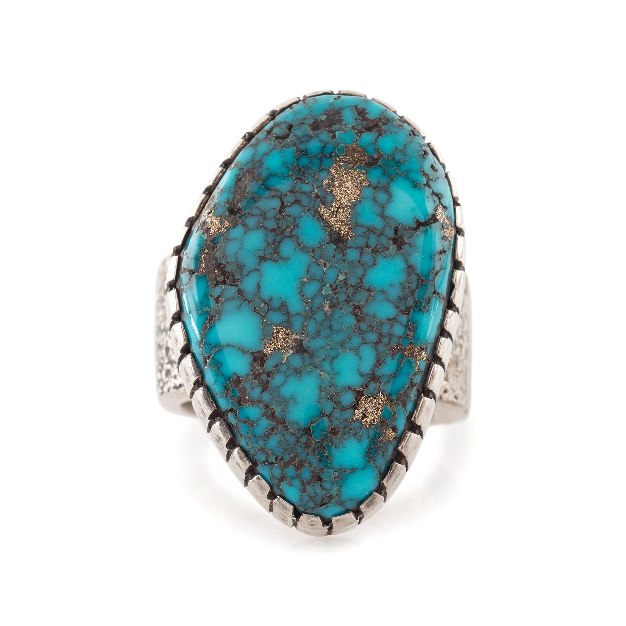 Tufa Cast Silver Ring, with Morenci Turquoise Cabochon
