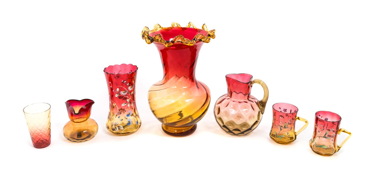 Seven Victorian Amberina Glass Articles Height of tallest 10 5/8 inches — 19TH CENTURY