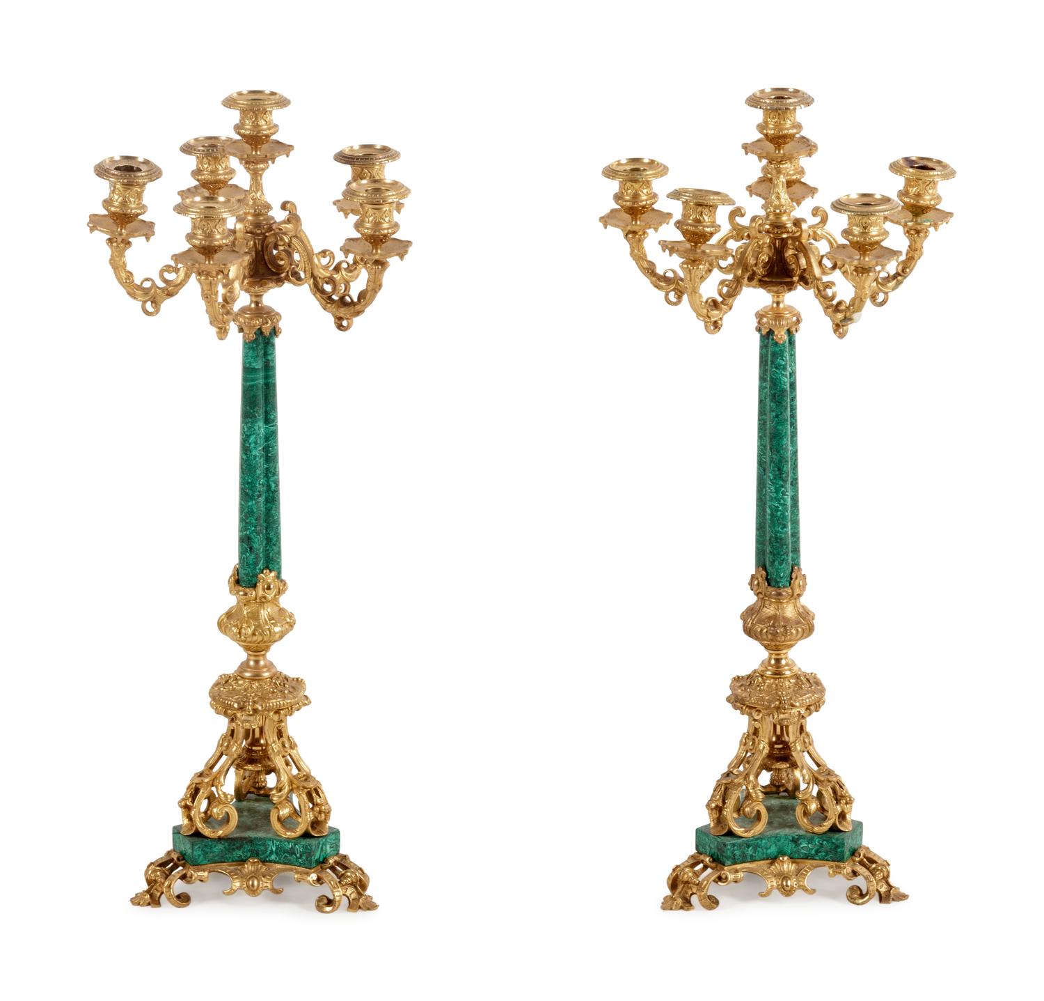 A Pair of French Gilt Bronze and Malachite Six-Light Candelabra