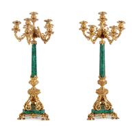 A Pair of French Gilt Bronze and Malachite Six-Light Candelabra