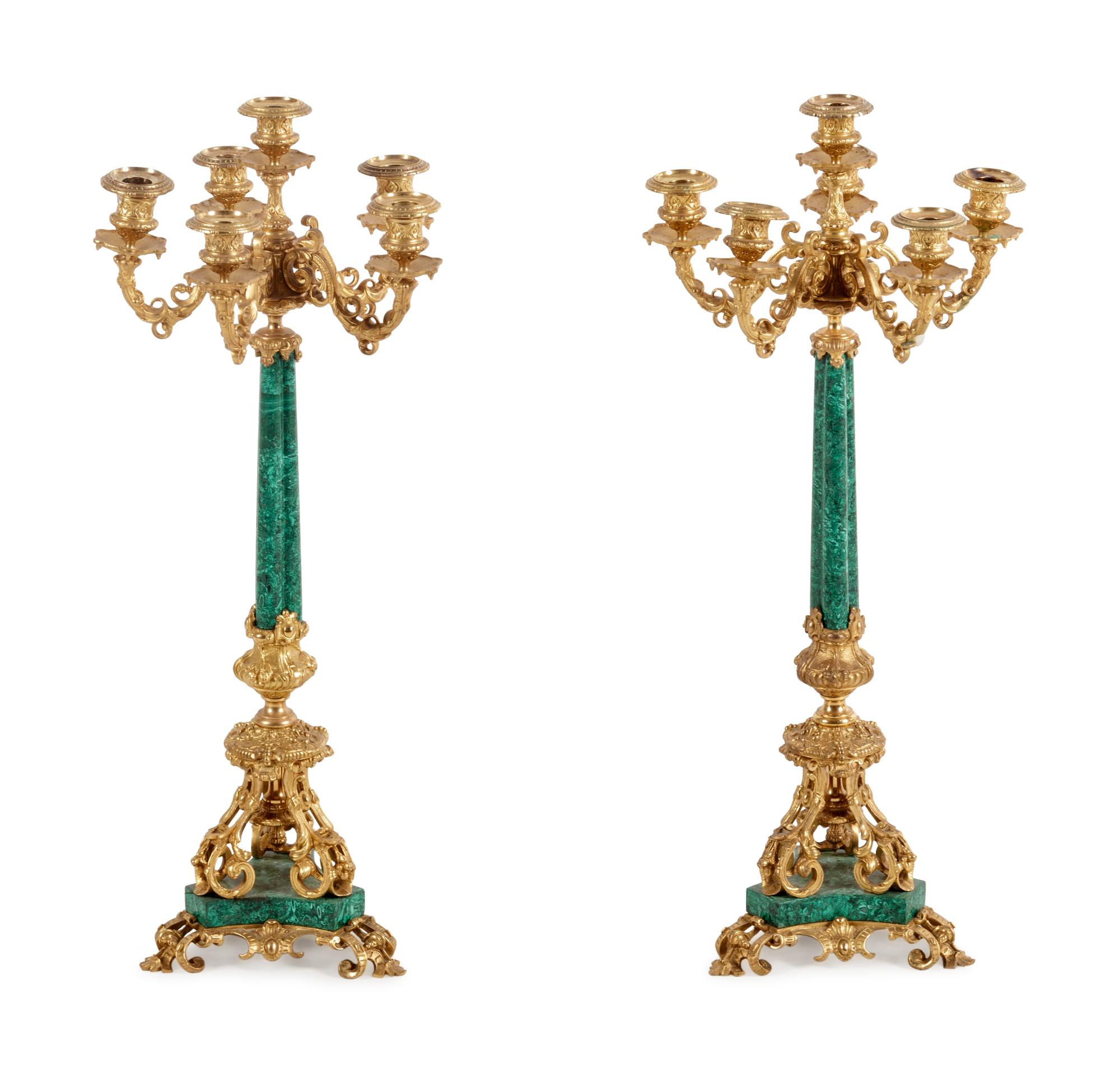 A Pair of French Gilt Bronze and Malachite Six-Light Candelabra