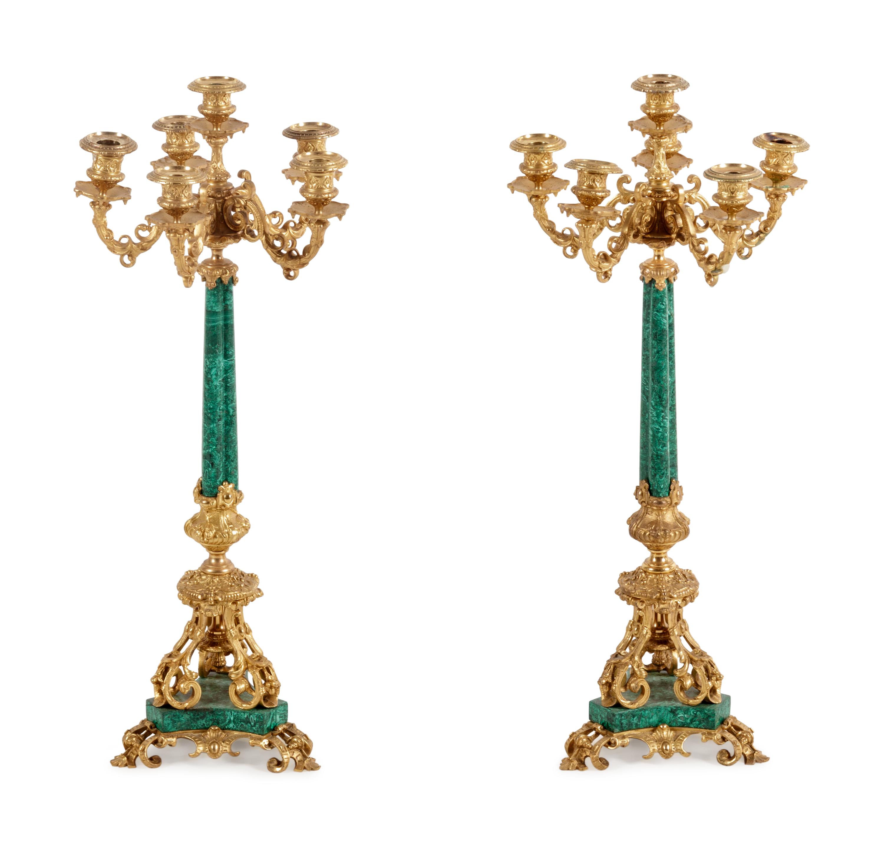 A Pair of French Gilt Bronze and Malachite Six-Light Candelabra