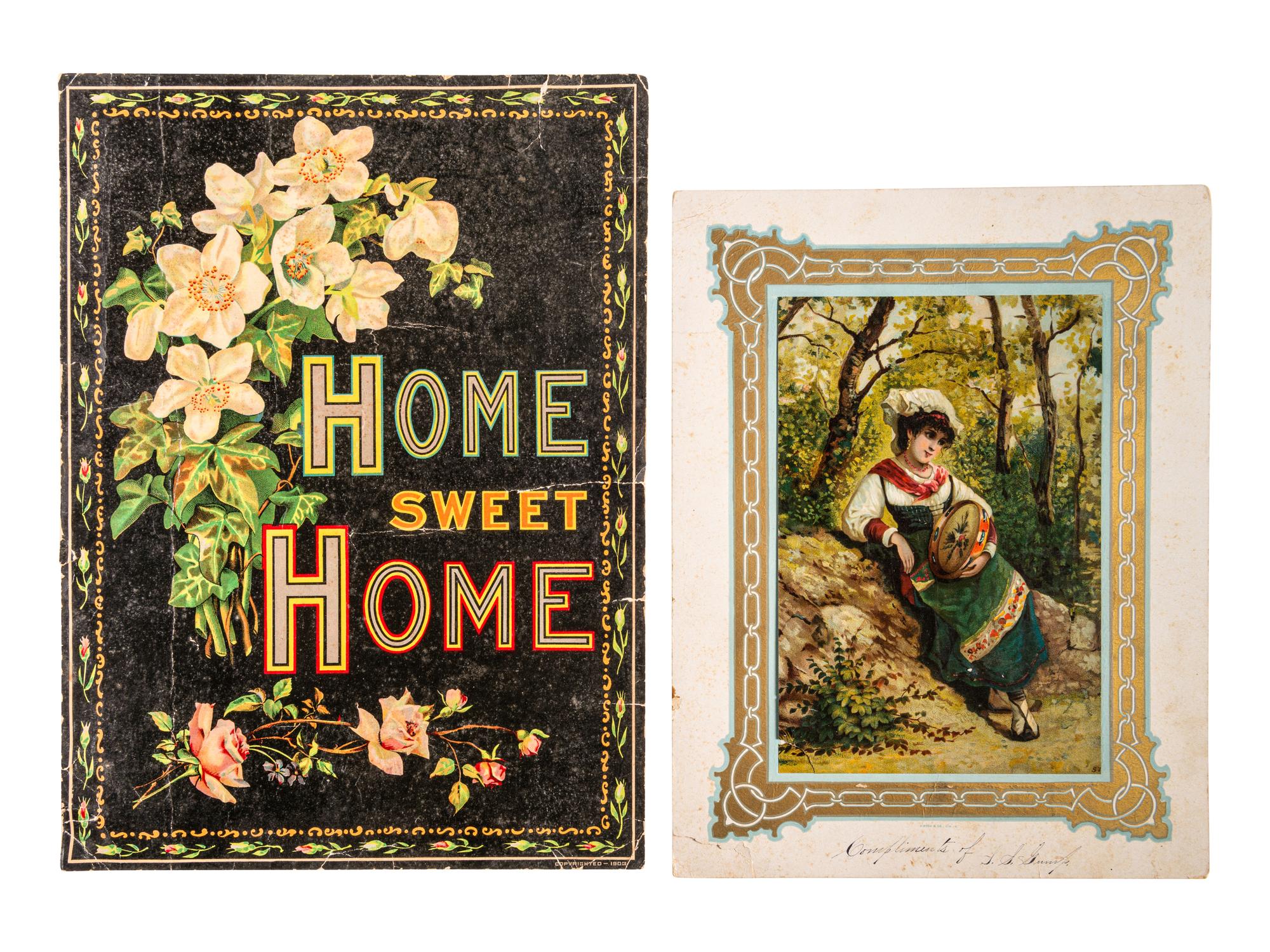 [ART AND ADVERTISING] A diverse assortment of ephemera including razor blades, advertising cards from the Chicago World's Fair, Murray's catalog of horse-drawn vehicles from 1912, red trading stamps, and more.