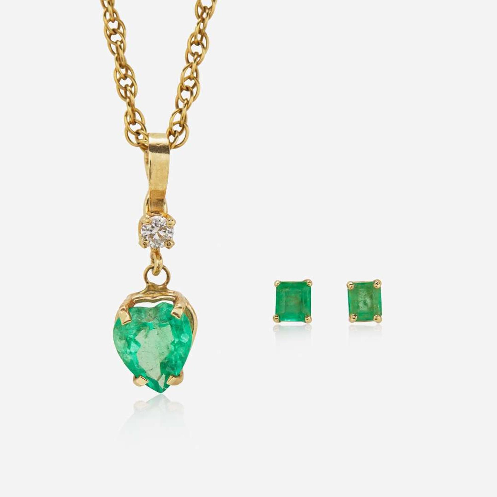 A Matching Set of 14K Yellow Gold, Diamond, and Emerald Necklace and Earrings