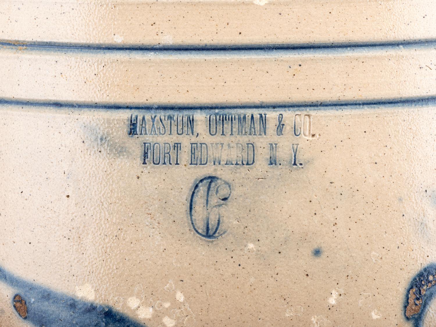 A Maxstun, Ottman & Co. Cobalt Decorated Six-Gallon Stoneware Cooler