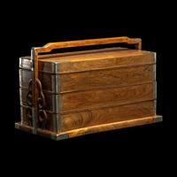 A Chinese Huanghuali and Mixed Wood Three-Tier Picnic Box, Tihe 黃花梨拼雜木三撞提盒
