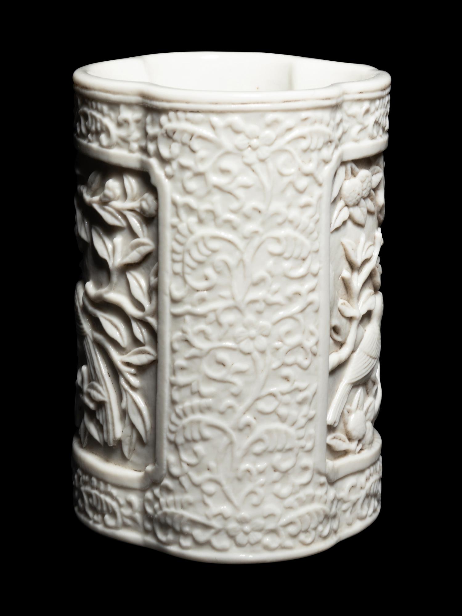 A Chinese Blanc-de-Chine Molded Porcelain Brushpot