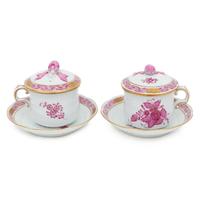 A Set of Twelve Herend Chinese Bouquet Porcelain Pots-de-Crèmes and Saucers