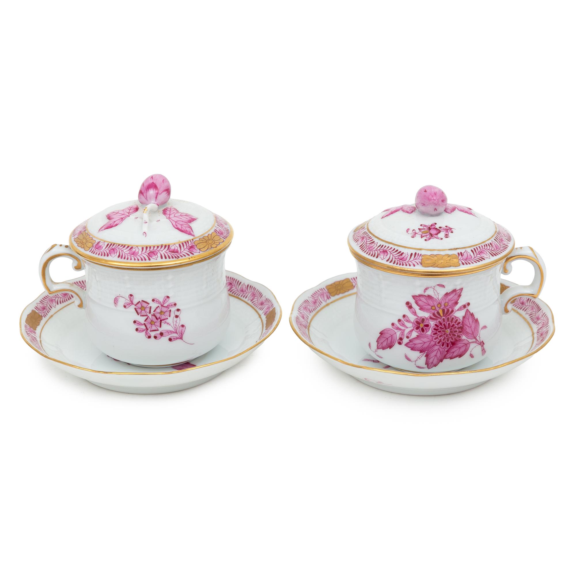 A Set of Twelve Herend Chinese Bouquet Porcelain Pots-de-Crèmes and Saucers