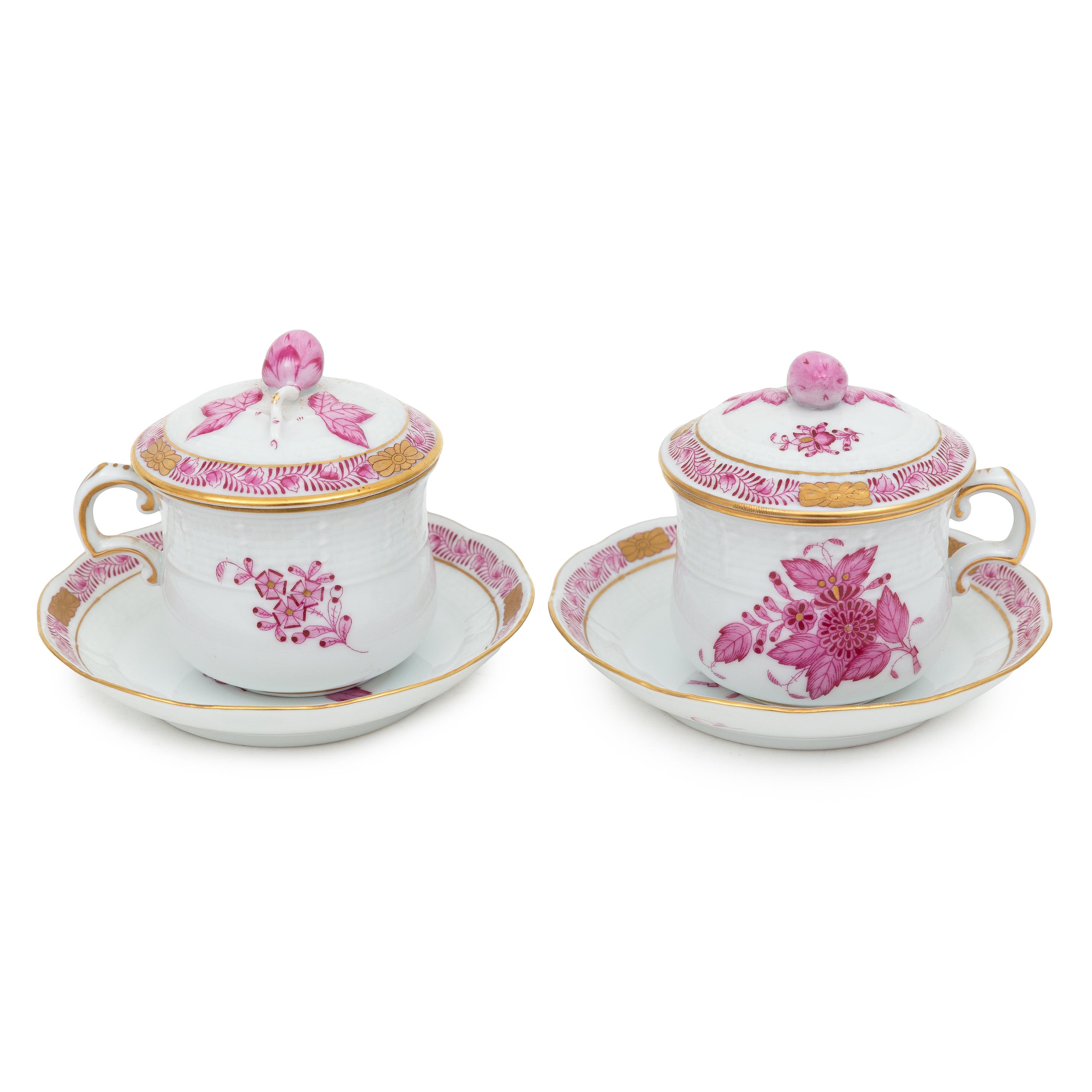 A Set of Twelve Herend Chinese Bouquet Porcelain Pots-de-Crèmes and Saucers