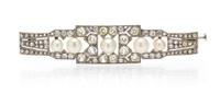 An Art Deco Platinum, Diamond and Natural Pearl Bar Brooch, 8.80 dwts.